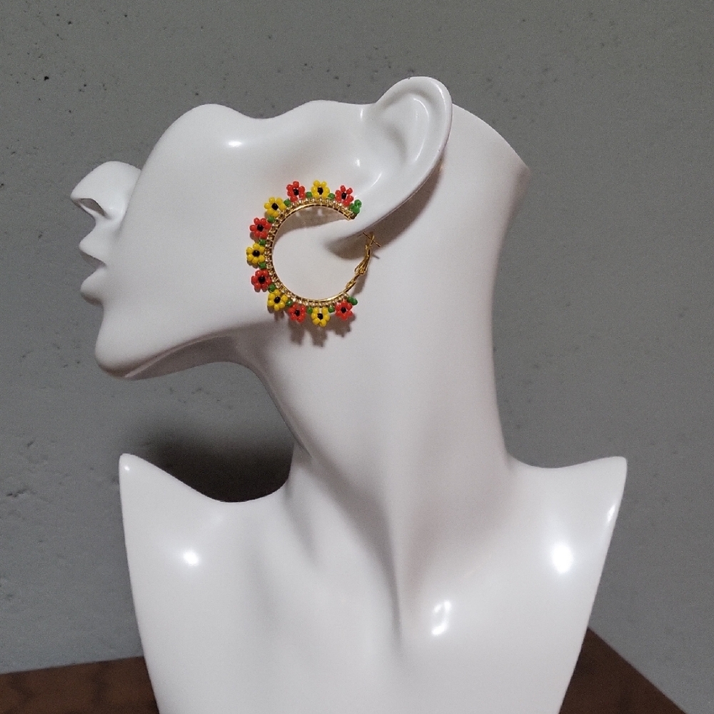 Handmade Floral beaded Earrings – Orange, Yellow, Green, and Gold.
